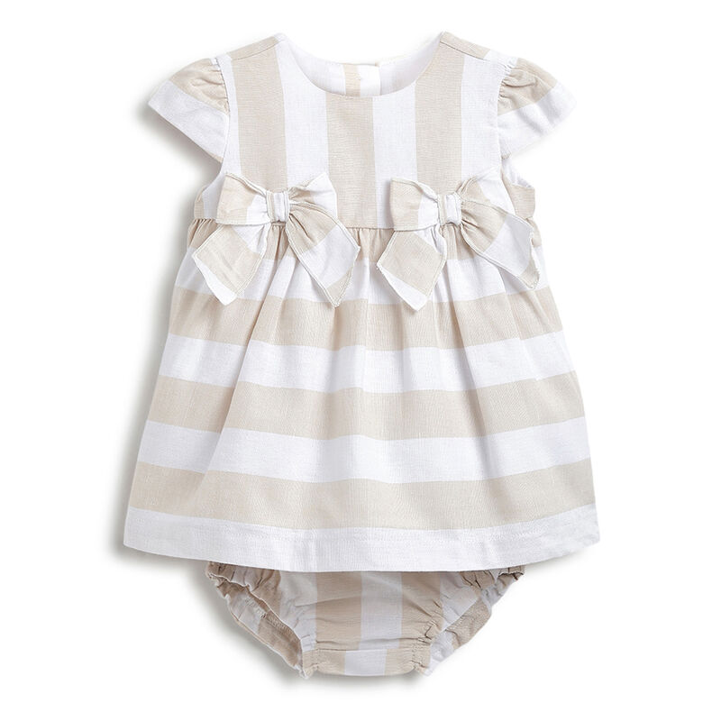 Girls Natural Striped Short Sleeve Dress with Panties image number 0